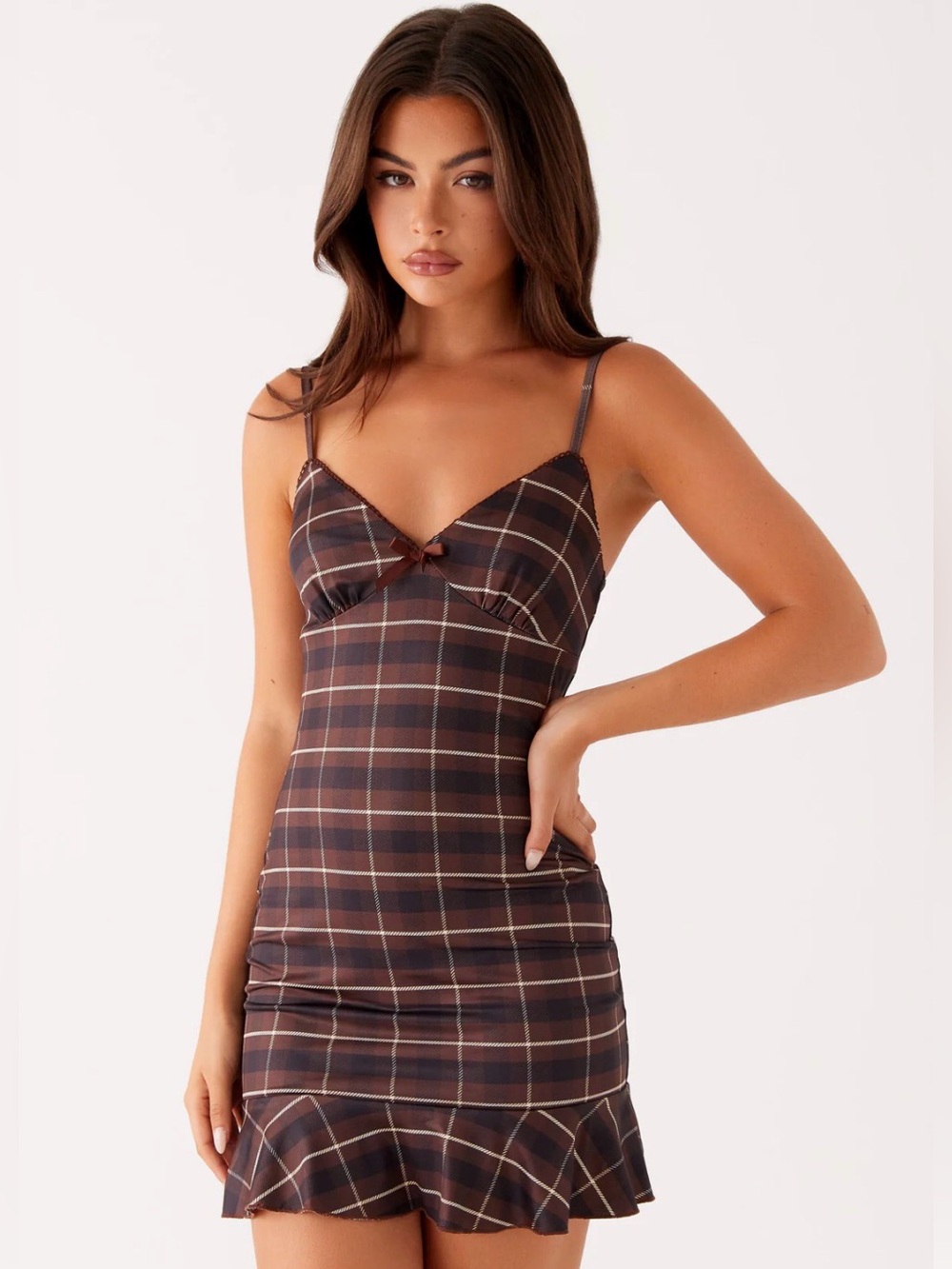 Peppermayo Karis Mini Dress in Brown Black Check - Size 4
